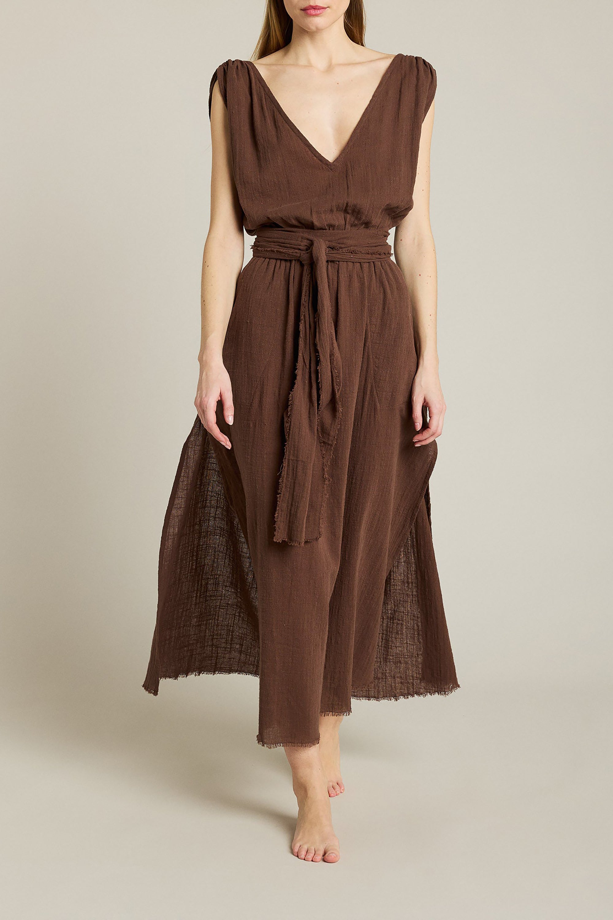 Empire Long Dress V Neck - Chocolate - RUM Amsterdam