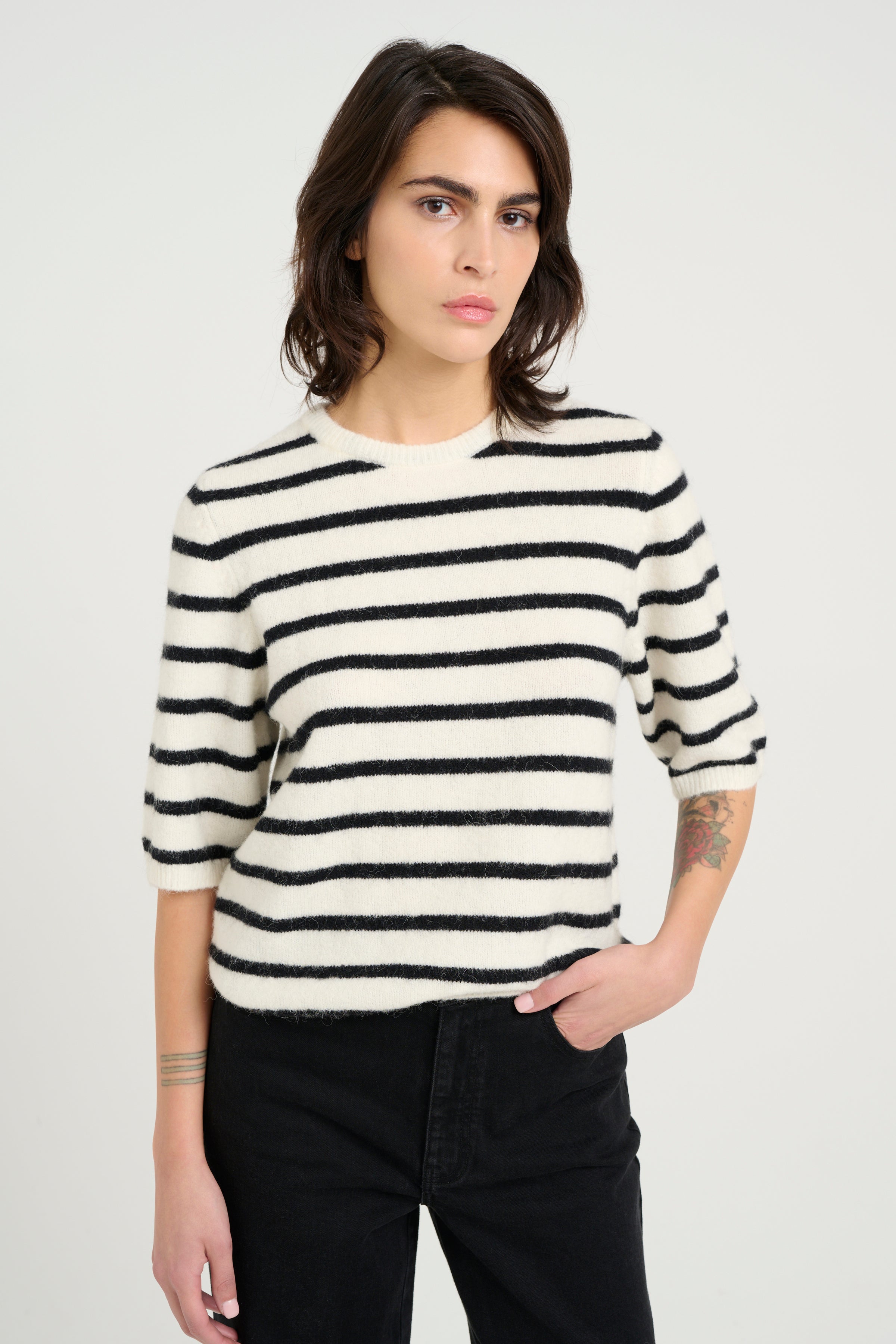 Alpha SS Tee - Ivory Black Striped