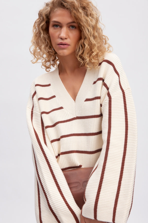 Gestuz Seba V-Neck Pullover - Egret with Brown - RUM Amsterdam