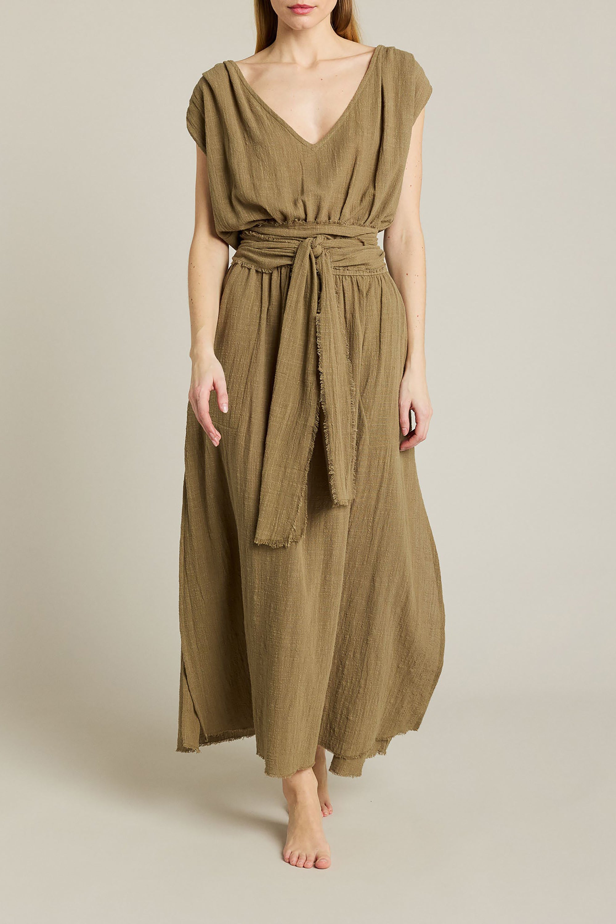 Empire Long Dress V Neck - Khaki