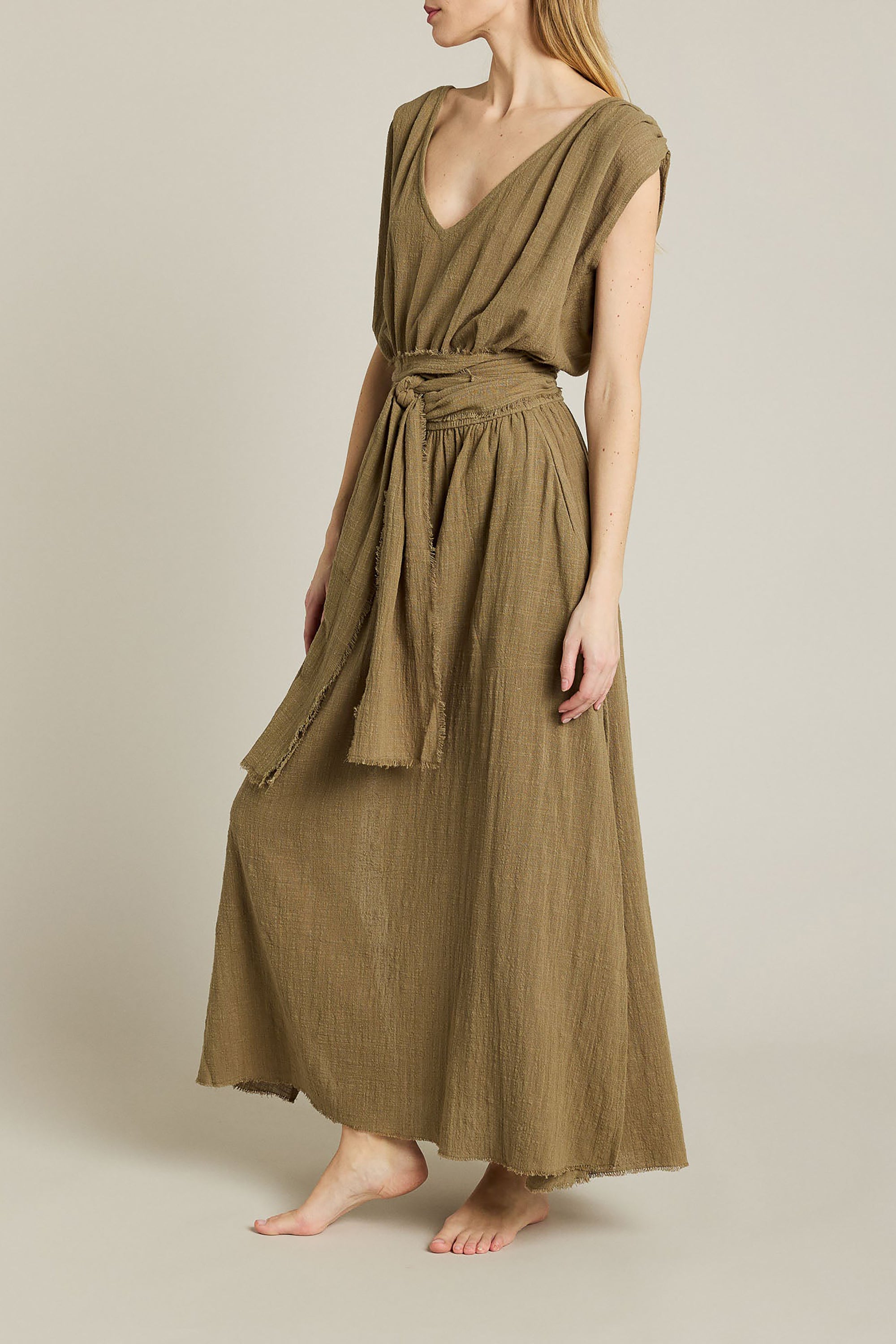 Empire Long Dress V Neck - Khaki