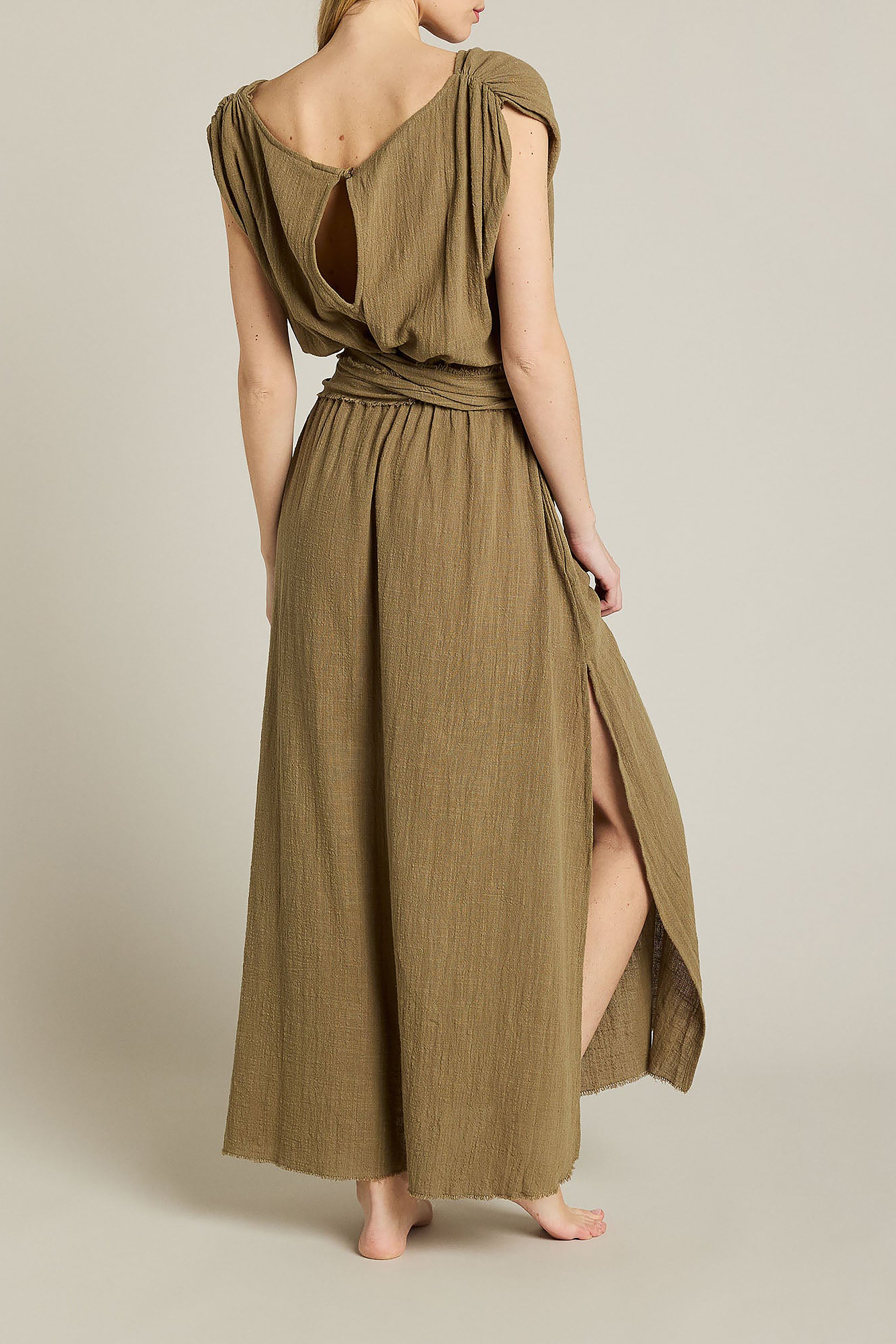Empire Long Dress V Neck - Khaki
