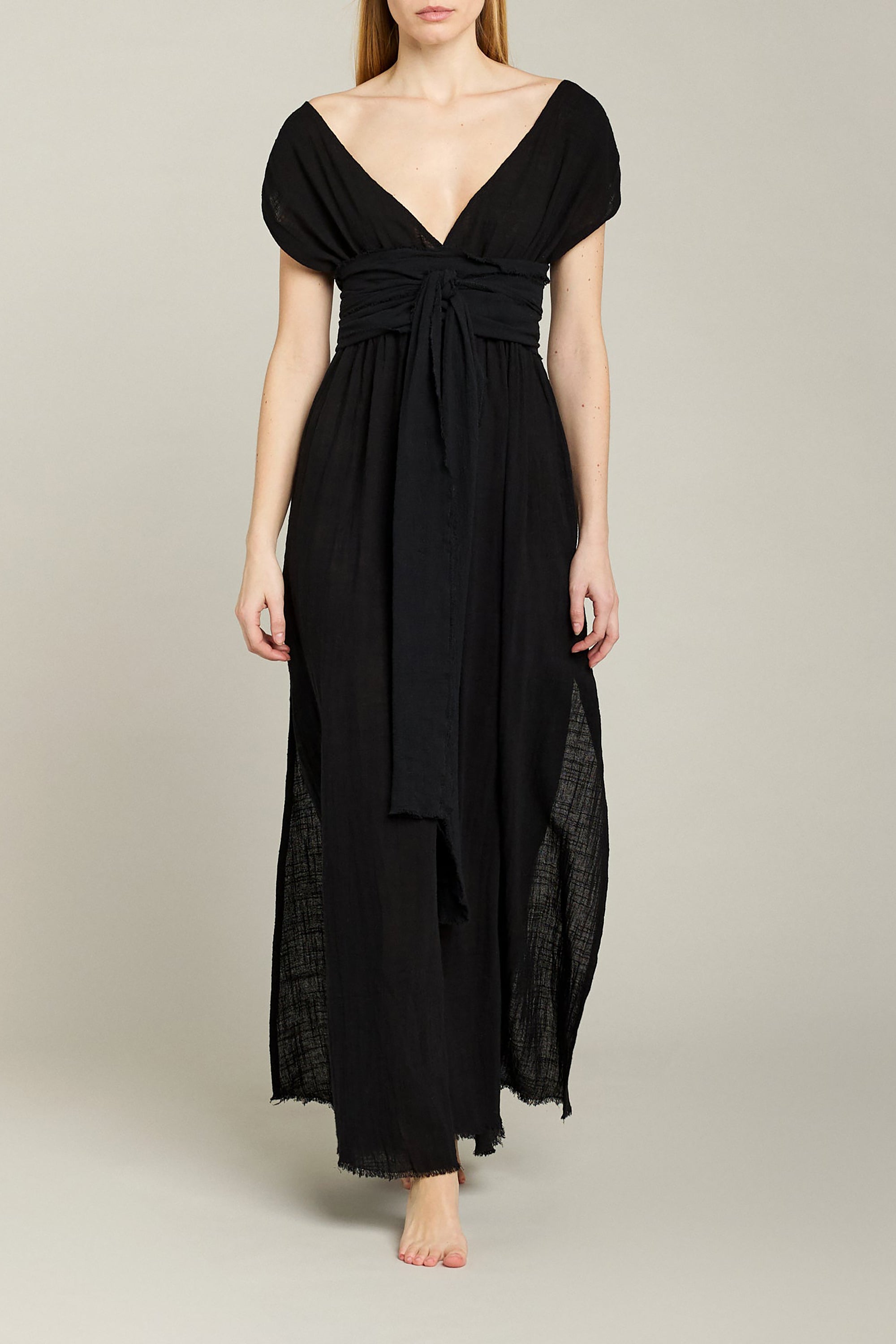 Empire Short Sleeves Long Resort Dress - Black