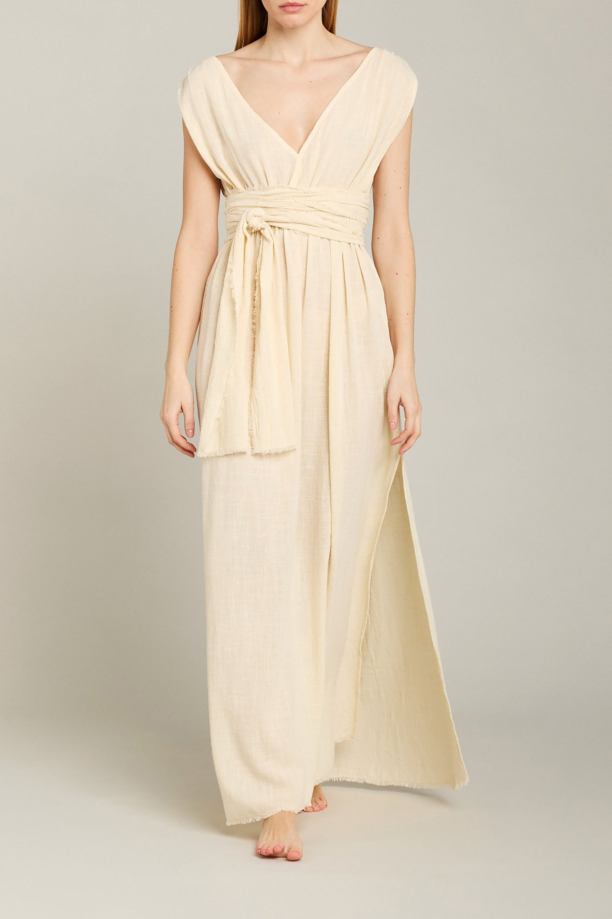 Empire Short Sleeves Long Resort Dress - Cream