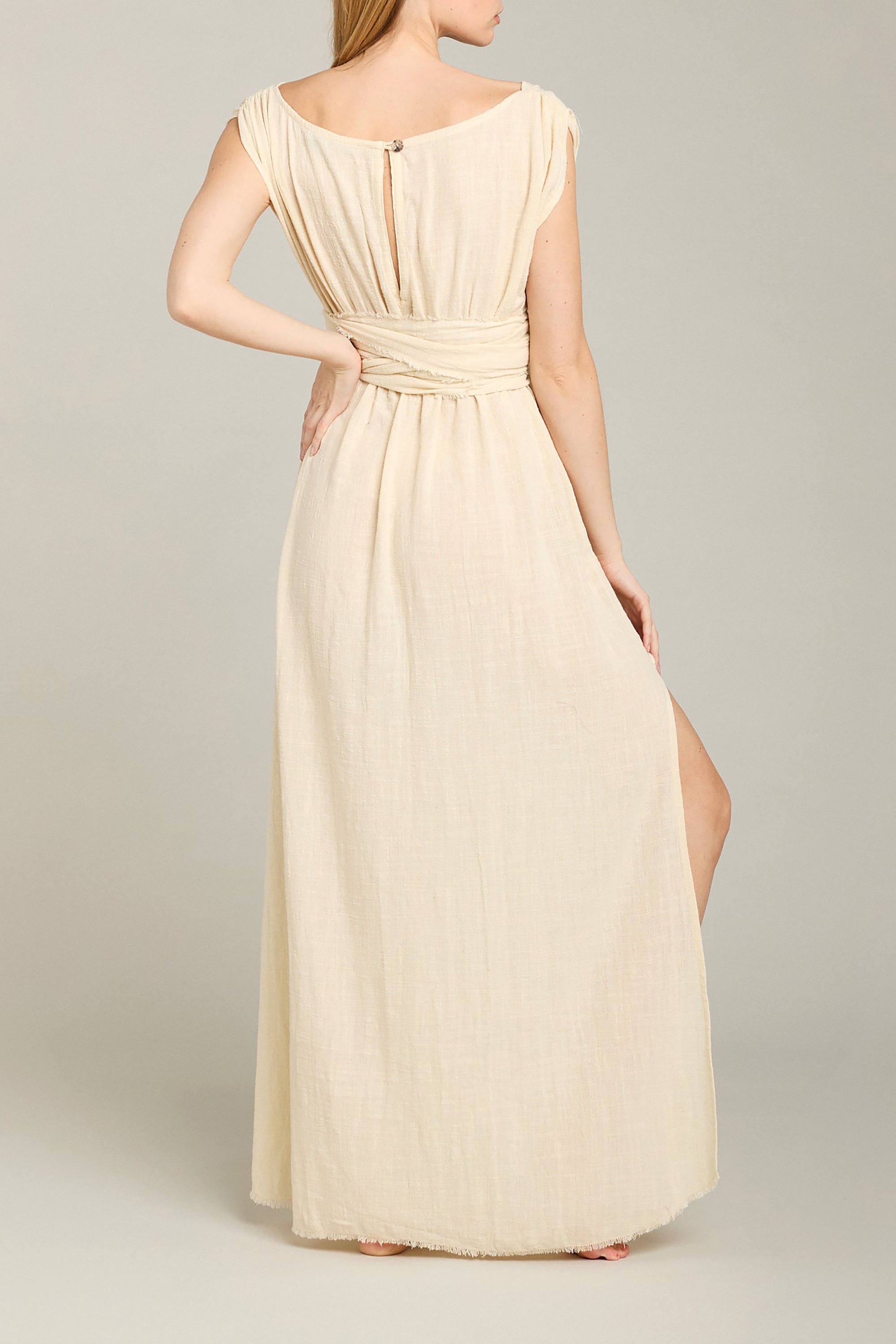 Empire Short Sleeves Long Resort Dress - Cream