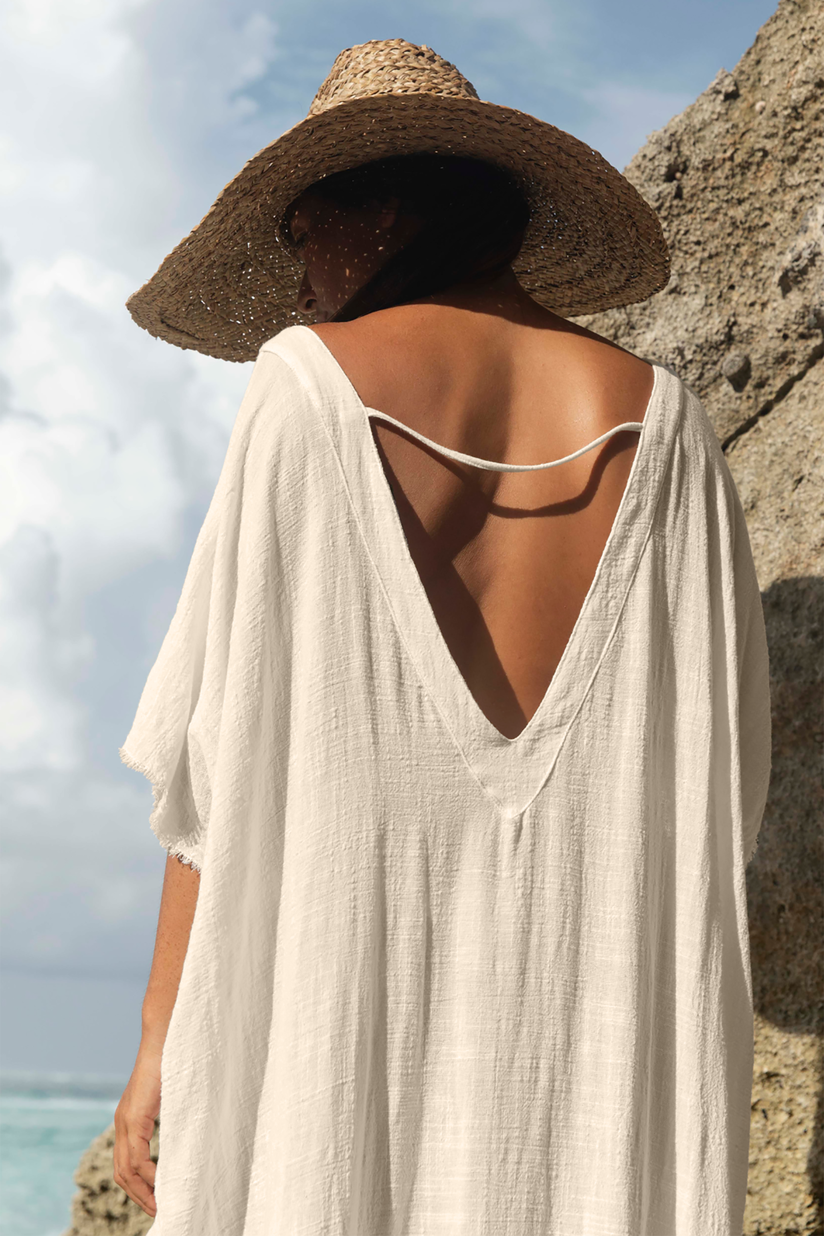 Palma De Mallorca Deep V Back Caftan Dress - Cream